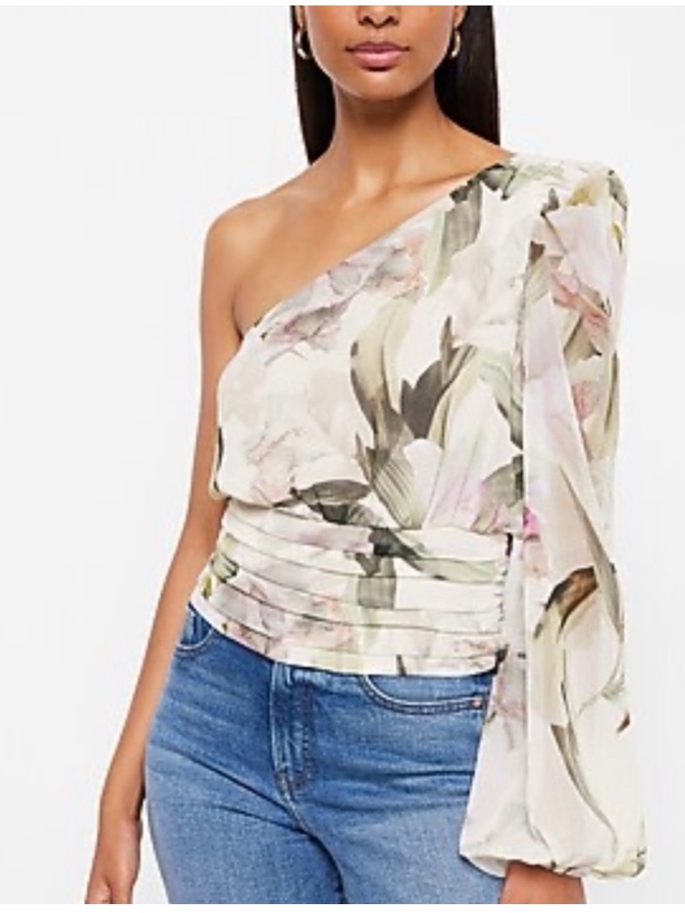 Express One-Shoulder Floral Blouse in Ivory and Soft Green